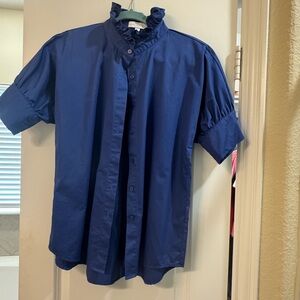 Heidi Houston cotton shirt size small Blue Ruffled Collar Shirt